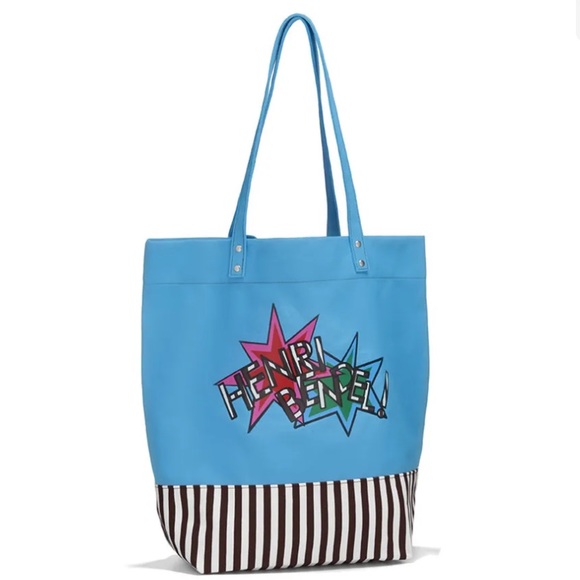 Henri Bendel Blue Canvas Tote with iconic stripped bottom - Picture 1 of 4